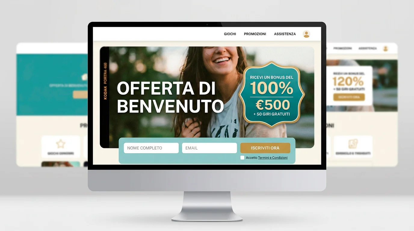 Schermata di una pagina di casino online che mostra una promozione di benvenuto con percentuale di match in evidenza