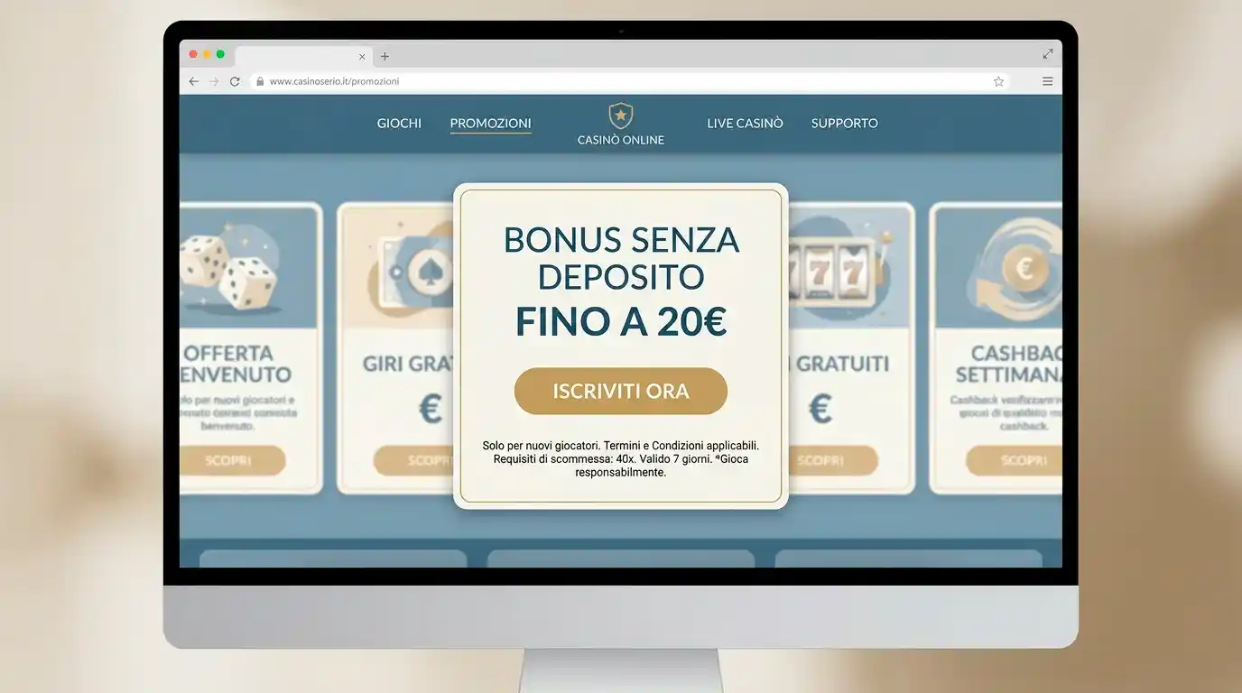 Schermata di pagina di casino online con offerta di bonus senza deposito ben visibile nella sezione promozioni
