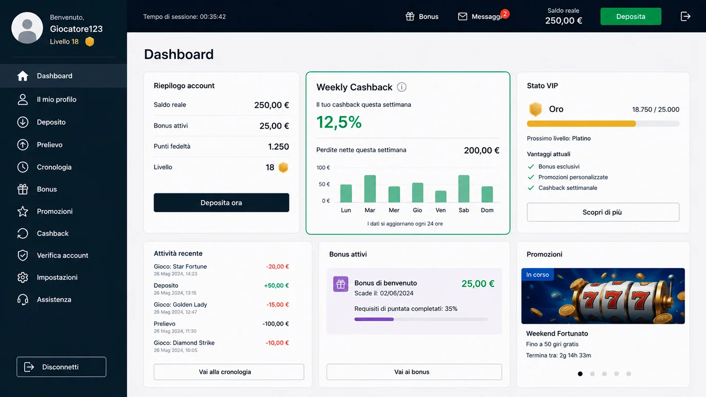 Schermata di dashboard di account casino online con sezione cashback settimanale e percentuale di rimborso visibile