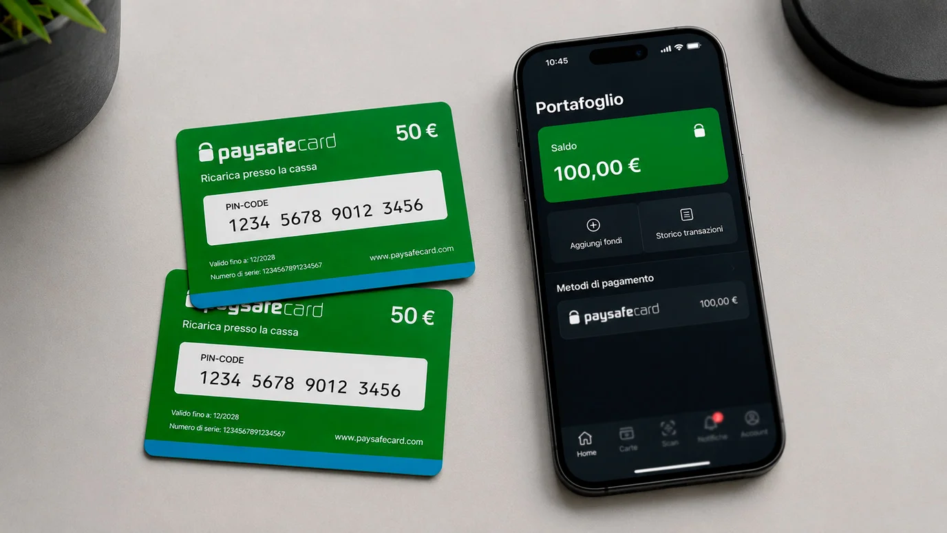 Due voucher Neosurf prepagati da 100 euro sovrapposti accanto a smartphone con app di portafoglio aperta