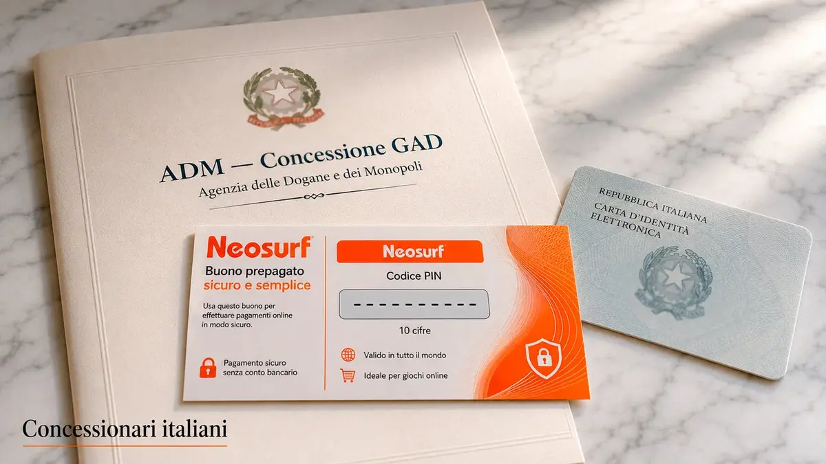 Voucher Neosurf accanto al logo ADM e a un modulo di registrazione tramite SPID