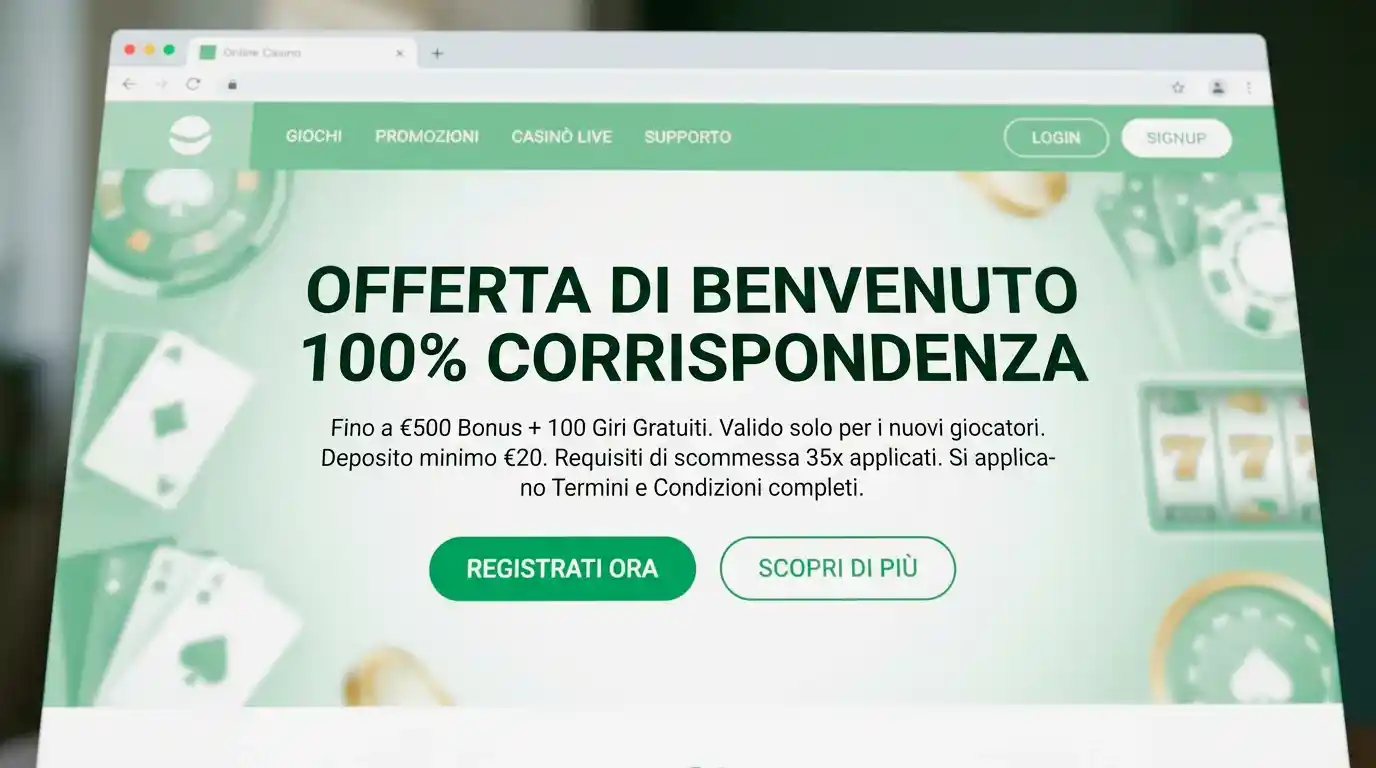 Schermata di un sito di casino online con offerta di bonus al cento per cento sul primo deposito ben visibile