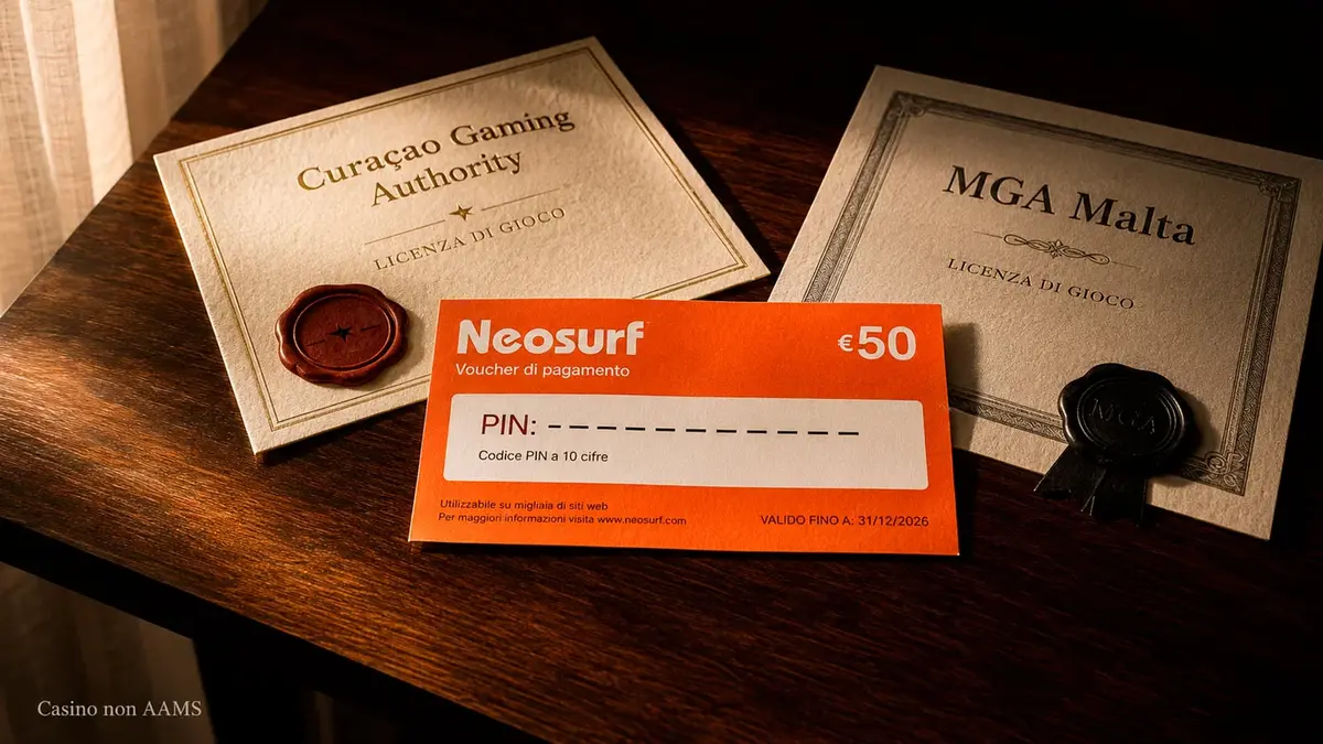 Voucher Neosurf accanto ai loghi delle licenze internazionali Curaçao e MGA Malta