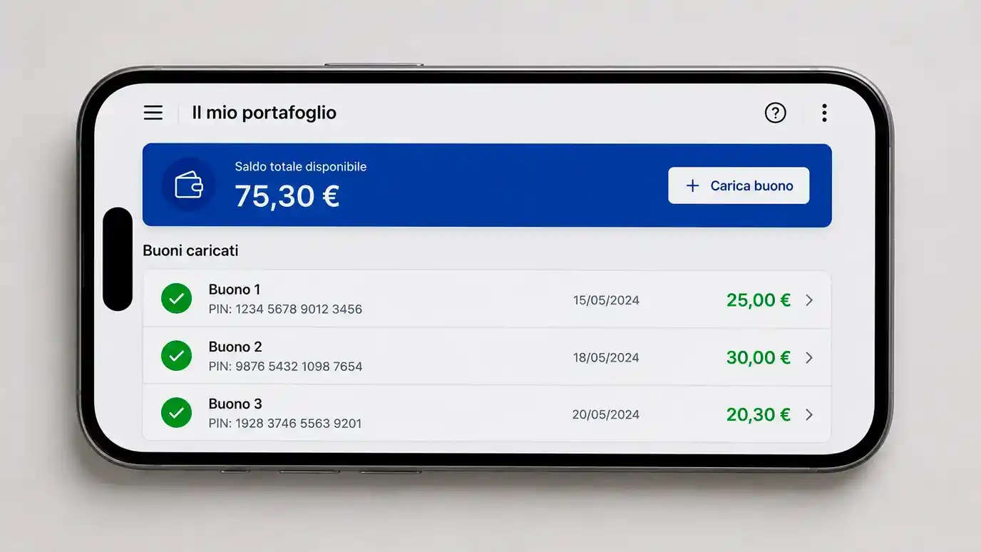 Smartphone che mostra interfaccia di portafoglio digitale con voucher caricati e saldo residuo aggregato