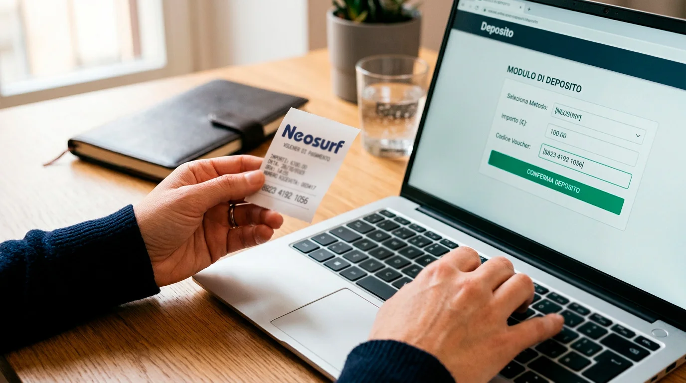 Mano inserisce codice voucher Neosurf nella sezione deposito di un casino online