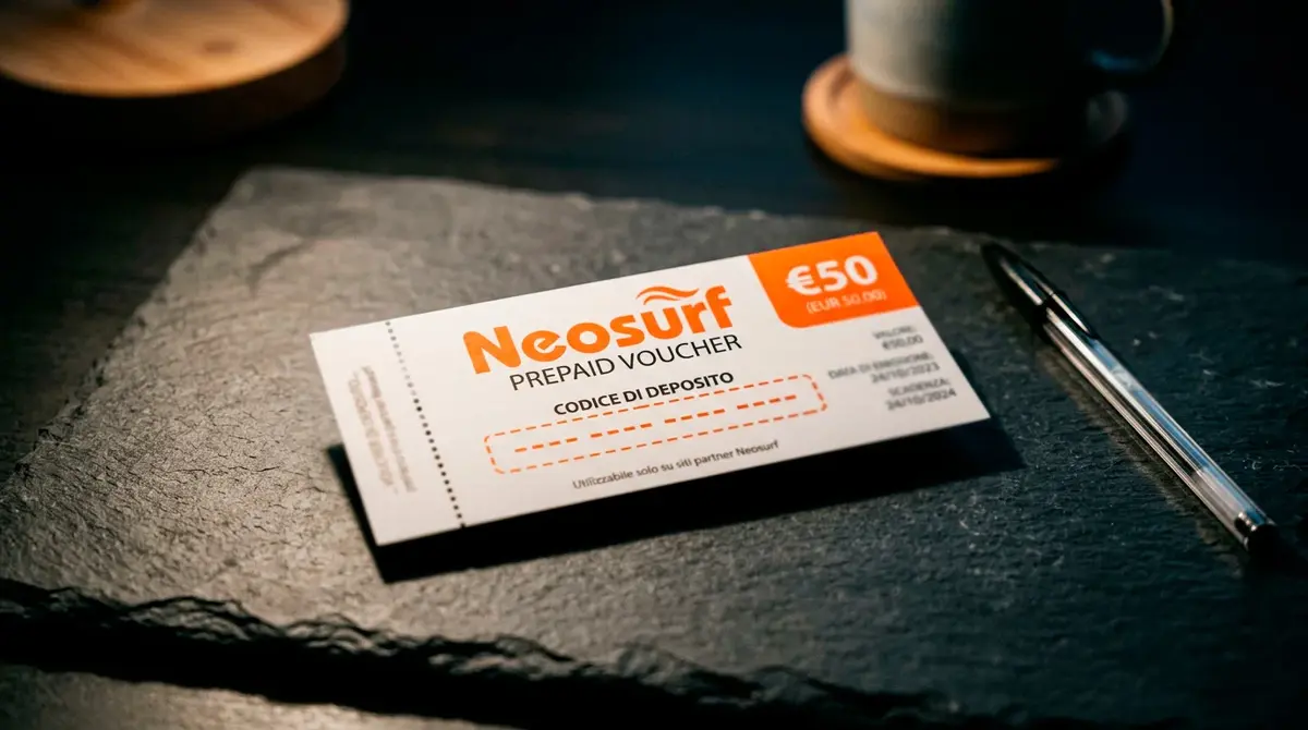 Voucher Neosurf con il codice PIN a dieci cifre accanto a una schermata di deposito su casino online