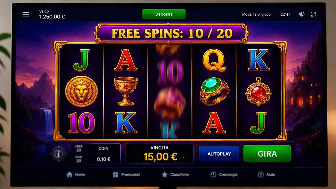 Schermata ravvicinata di una slot machine online in modalita giri gratis con contatore visibile in alto