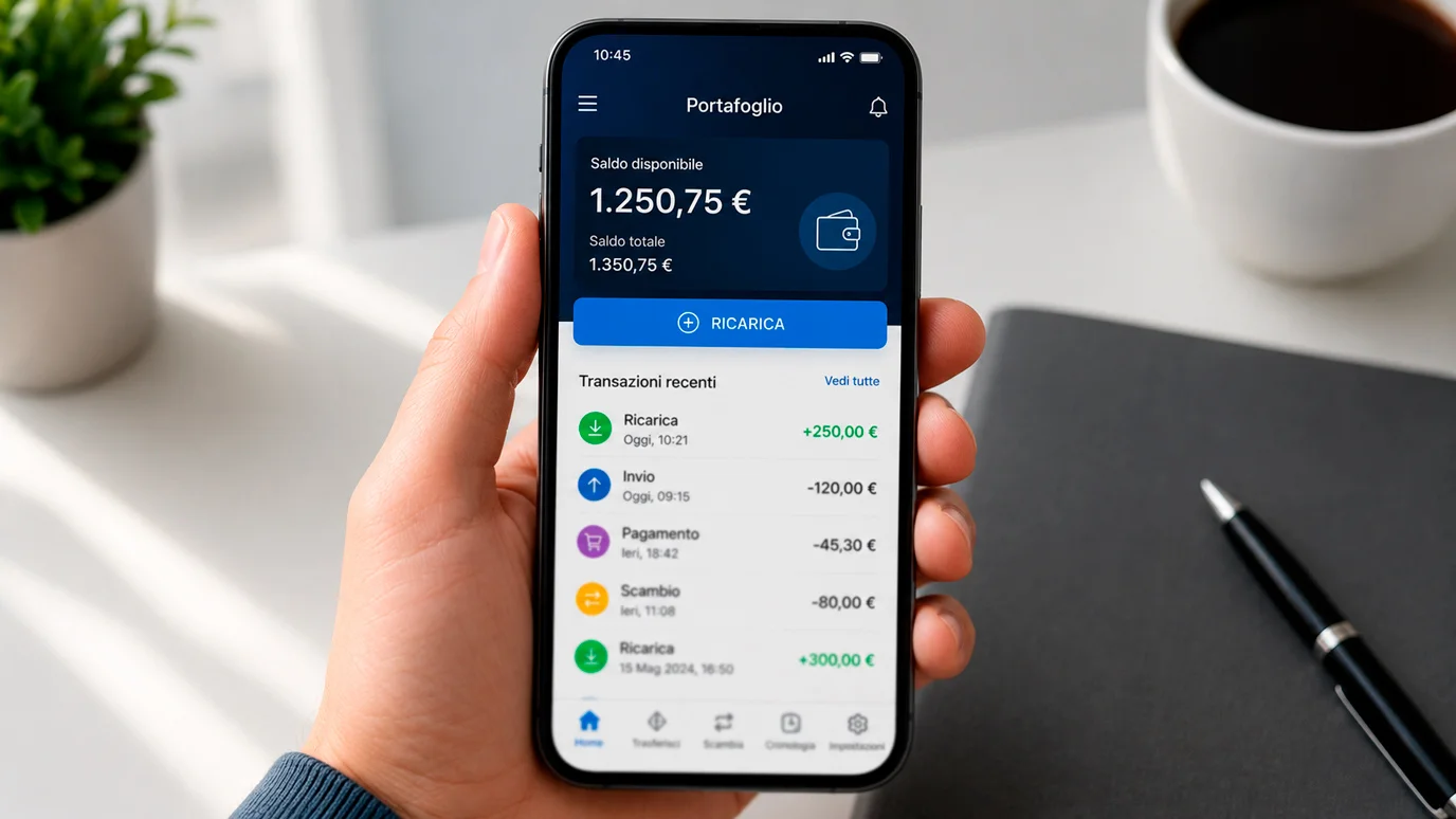 Smartphone con app di portafoglio digitale aperta sullo schermo che mostra saldo e cronologia transazioni