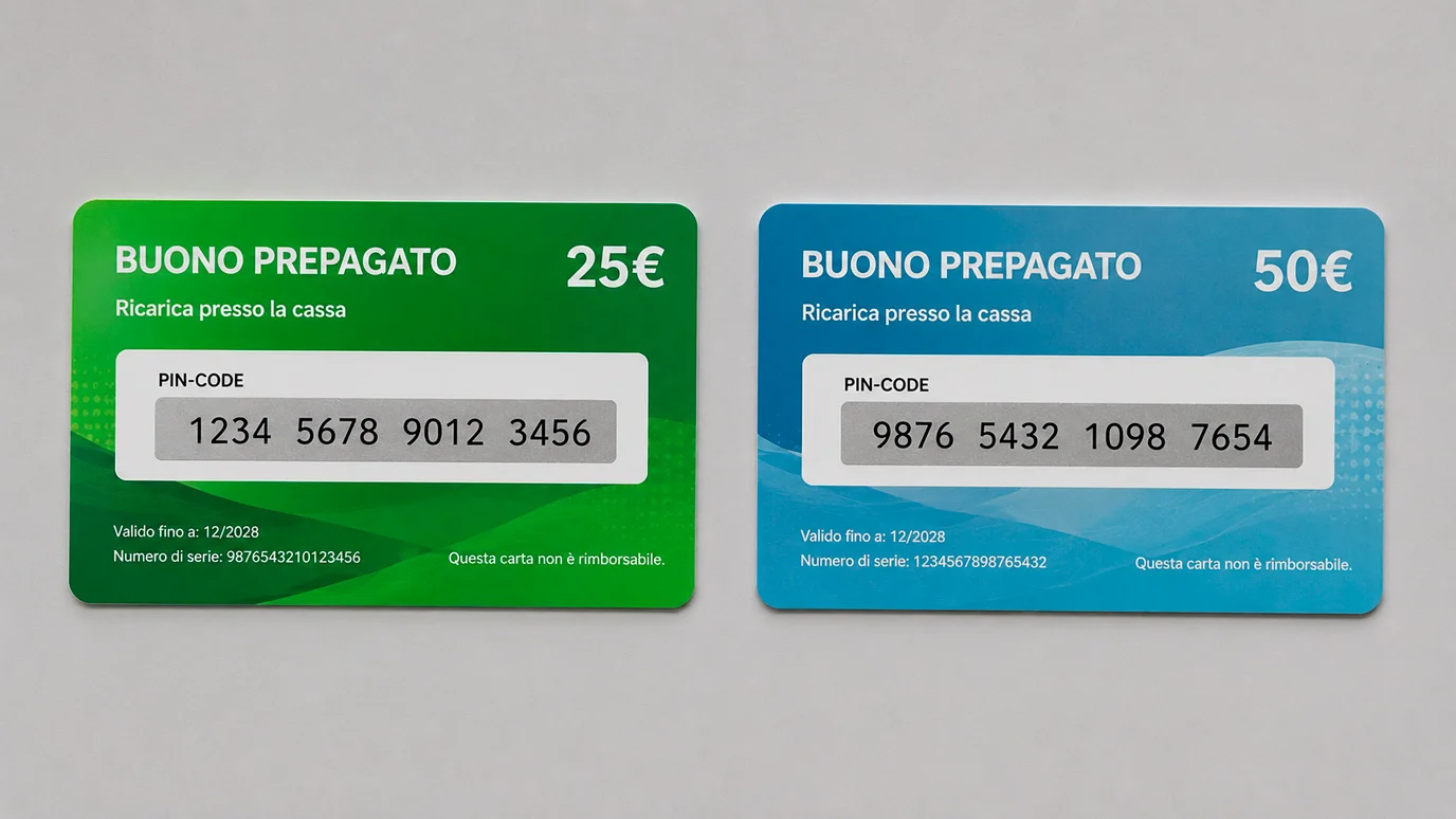 Due voucher prepagati di colore diverso disposti affiancati su una scrivania neutra per confronto visivo