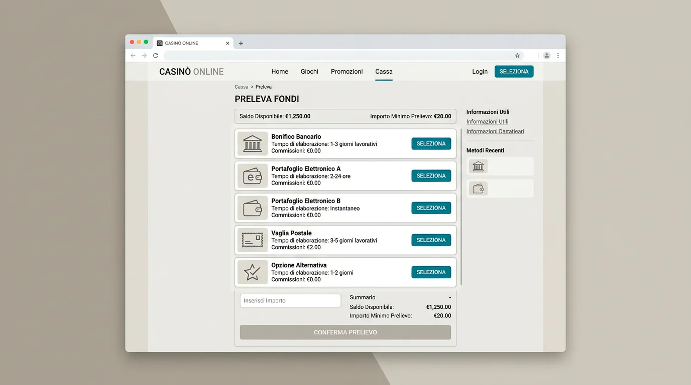 Schermata di pagina prelievi di un casino online con elenco dei metodi di pagamento disponibili
