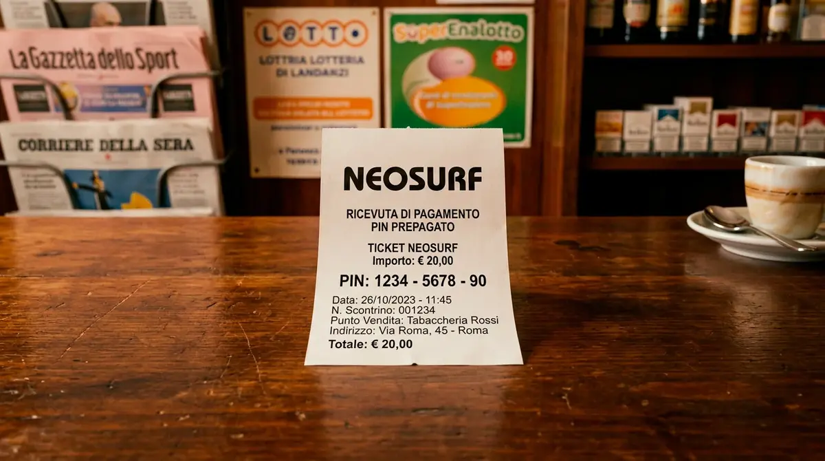 Voucher prepagato Neosurf con codice PIN su bancone di tabaccheria italiana