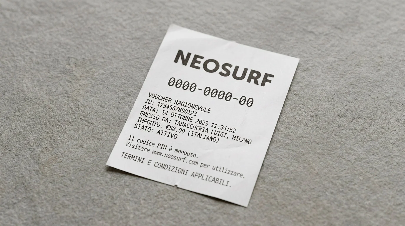 Scontrino voucher Neosurf con codice PIN a dieci cifre stampato